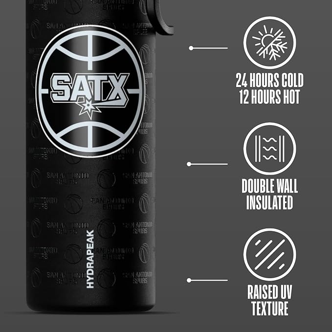 Hydrapeak x NBA Officially Licensed San Antonio Spurs 26 oz Active Water Bottle with Chug Lid and Handle Reusable Stainless Steel Double Wall Insulated Sports Gift
