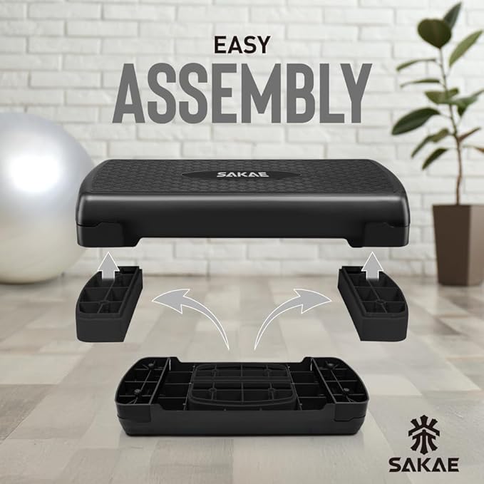 SAKAE Step Aerobics Platform Set with Dumbbells & Measuring Tape, Aerobic Steppers for Exercise at Home, Adjustable Height 2 Level Risers Workout Step Trainer with Non-Slip Surface, Multiple Colors