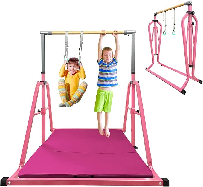 GLANT Gymnastics Bar for Kids with Rings Set, 7 Heights Adjustable Easy Folding Gymnastic Training Bar Kids Monkey Horizontal Bars - Max Load 300LBS