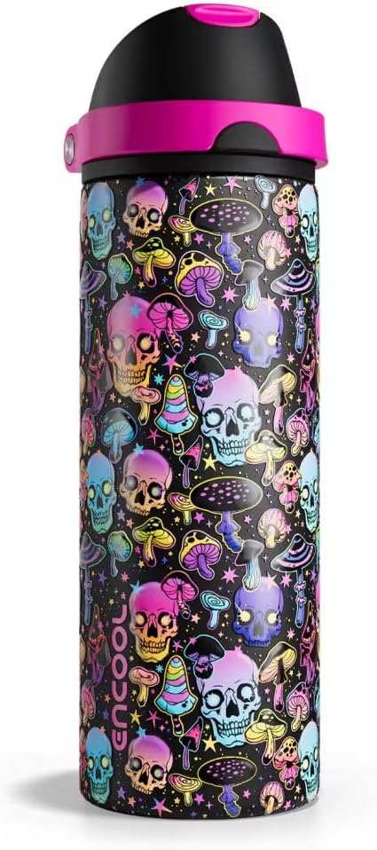 ENCOOL Insulated Water Bottle with Straw Stainless Steel Water Bottle with Push Button Lid, Leak-Proof & BPA-Free, Keeps Cold for 24 Hours for Sports, Travel, Gym (24 oz, Trippy Skulls)