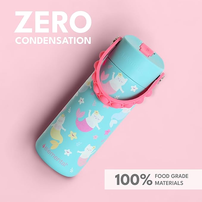 Elemental 100% Leak Proof When Spout is Closed Insulated Kids Water Bottle, Stainless Steel Bottle for School with Straw Lid & Pop-It Handle, Meowmaid & Mermaid Sisters -18oz (2 Pack)