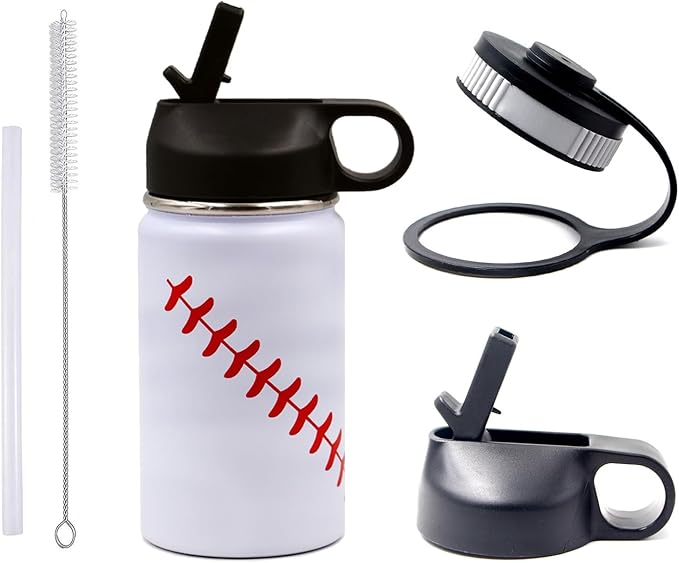 12 oz Baseball Water Bottle, Sports Flask Metal Travel Tumbler with 2 Lids, Stainless Steel Double Wall Vacuum Insulated Leak Proof Thermo Water Bottles, Baseball Accessories Gifts for Mom Boys Girls