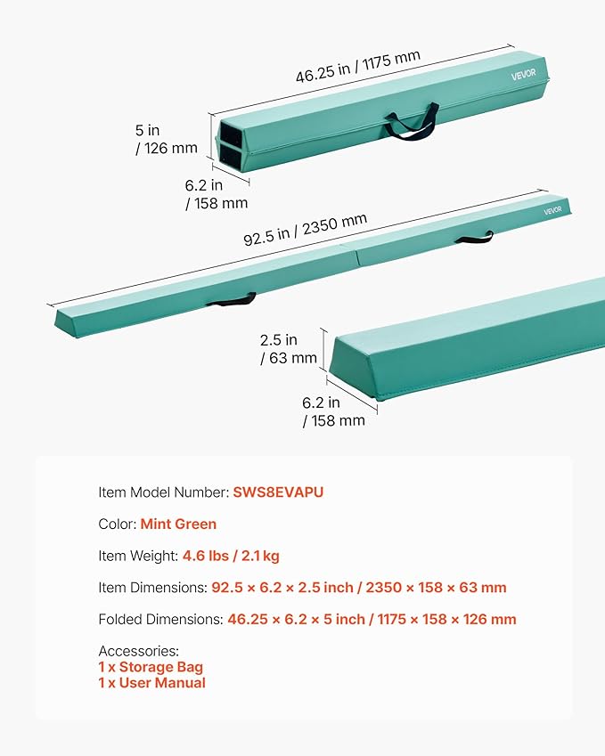 VEVOR 8FT Balance Beam for Kids, 200-350LBS Stable Support Gymnastics Floor Beam with Non-Slip Mat, Wood-Core/EVA Gymnastics Training Equipment with Anti-Slip Bottom & Carry Bag for Home Gym