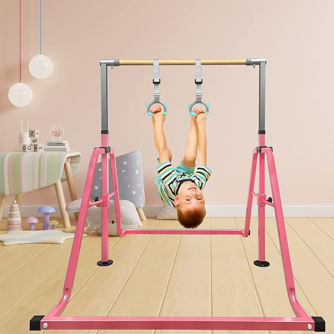GLANT Gymnastics Bar for Kids with Rings Set, 7 Heights Adjustable Easy Folding Gymnastic Training Bar Kids Monkey Horizontal Bars - Max Load 300LBS