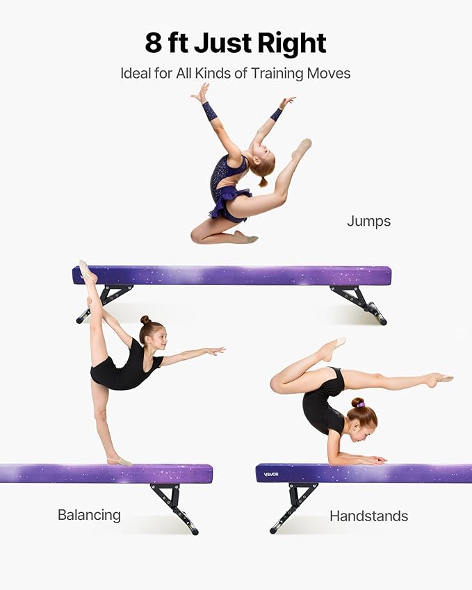 VEVOR 8FT Balance Beam for Kids, 200-350LBS Stable Support Gymnastics Floor Beam with Non-Slip Mat, Wood-Core/EVA Gymnastics Training Equipment with Anti-Slip Bottom & Carry Bag for Home Gym