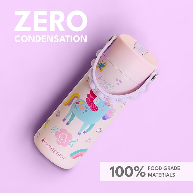 Elemental 100% Leak Proof When Spout is Closed Insulated Kids Water Bottle, Stainless Steel Bottle for School with Straw Lid & Pop-It Handle, Pink Tie Dye & Unicorn Rainbow -18oz (2 Pack)