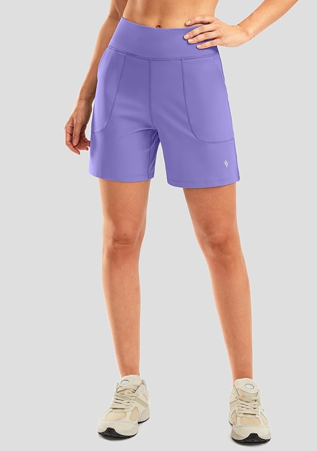 SANTINY Women's 6'' Athletic Long Shorts with 4 Pockets High Waisted Bermuda Shorts for Women Walking Running Casual
