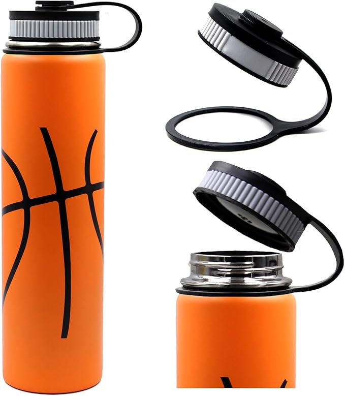25 oz Basketball Water Bottle, Sports Flask Metal Travel Tumbler with 2 Lids, Stainless Steel Double Wall Vacuum Insulated Thermo Water bottles, Basketball Accessories Stuff Gifts for Mom Boys Girls