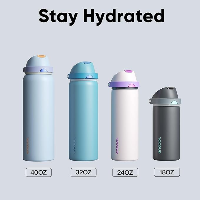 Insulated Water Bottle with Straw - Encool Stainless Steel Water Bottle with Push Button Lid, Leak-Proof & BPA-Free, Keeps Cold for 24 Hours for Sports, Travel, Gym (24 oz, Pink Daisy-Red)
