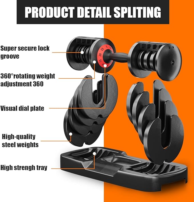 VEICK 25 lbs Adjustable Dumbbell with Anti-Slip Turning Handle, Fast Adjust Weight for Men Women, Exercise Equipment with Tray for Home Gym Full Body Workout Fitness