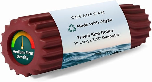 Oceanfoam Ripple Travel Foam Roller (11" x 3.35") Firm Mini Foam Roller for Physical Therapy, Deep Tissue Massage, Back Pain - High Density, Ergonomic Wave Textured - Yoga, Pilates, Exercise (Maroon)
