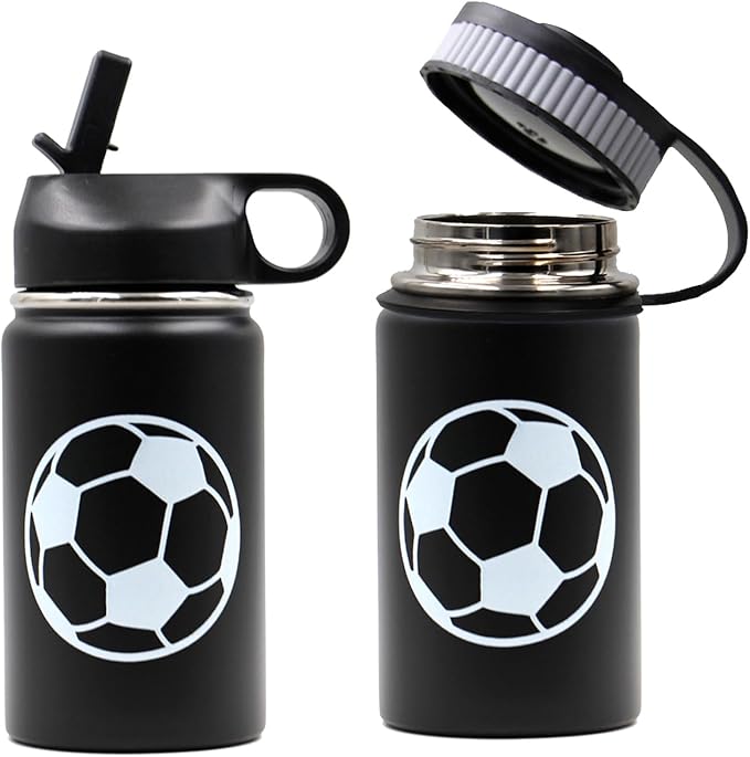 12 oz Soccer Water Bottle with Straw, Sports Flask Metal Travel Tumbler with 2 Lids, BPA Free Stainless Steel Double Wall Vacuum Insulated Leak Proof Thermo Water Bottles, Soccer Gifts for Boys Girls