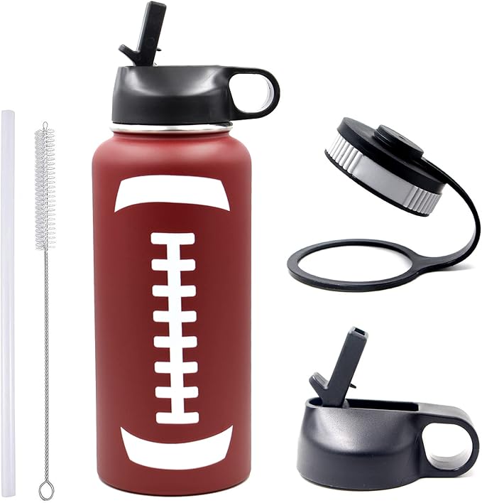 32 oz Football Water Bottle with Straw, Wide Mouth Sports Flask Metal Travel Tumbler with 2 Lids, Stainless Steel Double Wall Vacuum Insulated Thermo Water Bottles, Football Gear Gifts for Boys Girls