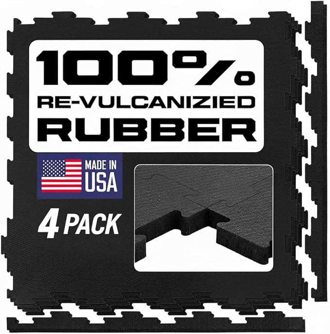 Interlocking Rubber Floor Tiles 4-Pack 1/2" Thick – Heavy Duty 100% Rubber Flooring for Home Gym, Garage, Workout Room, Equipment Mats, Indoor/Outdoor, 22.5” x 22.5”