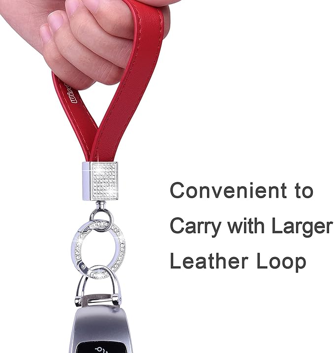 Wisdompro Genuine Leather Car Keychain, Bling Key FOB Holder Leather Loop Keychains for Women Girls with Crystal Rhinestones and 2 Keyrings - Red