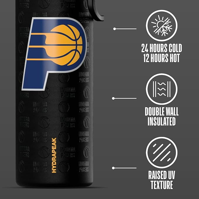 Hydrapeak x NBA Officially Licensed Indiana Pacers 26 oz Active Water Bottle with Chug Lid and Handle Reusable Stainless Steel Double Wall Insulated Sports Gift