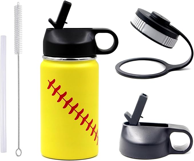 12 oz Softball Water Bottle, Wide Mouth Sports Flask Metal Travel Tumbler with 2 Lids, Stainless Steel Double Wall Vacuum Insulated Leak Proof Thermo Water Bottles, Softball Stuff Gifts for Mom Girls