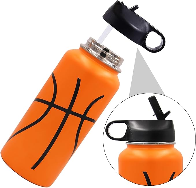 32 oz Basketball Water Bottle, Wide Mouth Sports Flask Metal Travel Tumbler with 2 Lids, Stainless Steel Double Wall Vacuum Insulated Thermo Water Bottles, Basketball Accessories Gifts for Boys Girls