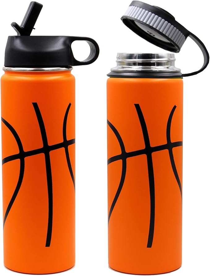 22 oz Basketball Water Bottle, Sports Flask Metal Travel Tumbler with 2 Lids, Stainless Steel Double Wall Vacuum Insulated Thermo Water bottles, Basketball Accessories Stuff Gifts for Mom Boys Girls