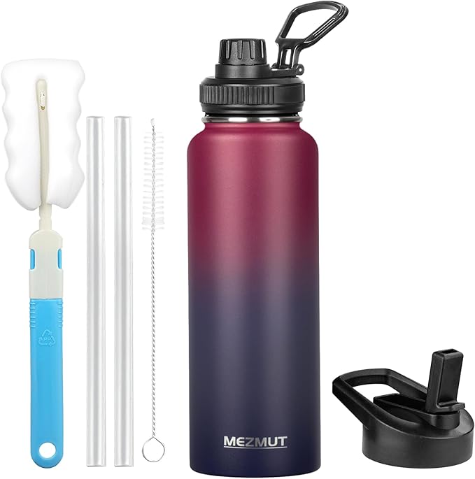 MEZMUT Insulated Water Bottle with Straw&2 Lids 40oz Stainless Steel Water Bottles Metal Water Bottle Double Walled Vacuum Insulated Bottles Cups Leak-Proof Travel Cup (Gradient Red Blue)