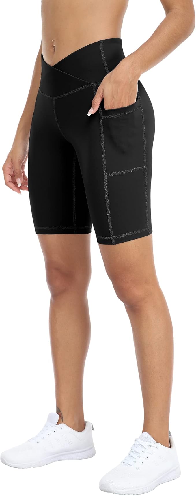 WHOUARE 4 Pack Biker Yoga Shorts with Pockets for Women,High Waisted Athletic Running Workout Gym Shorts Tummy Control