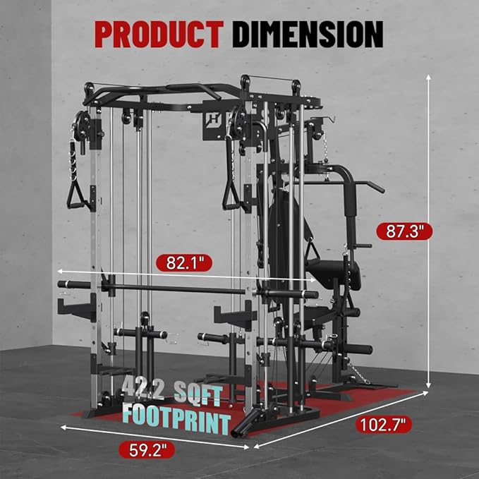 All in One Home Gym System Workout Station, Multi-Function Smithe Machine Power Cage with Cable Crossover System, Tripe-Sided Independent Load Posts, Functional Trainer for Full Body Training