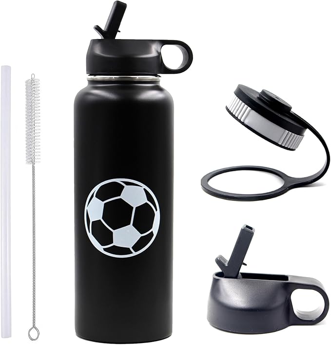 40 oz Soccer Water Bottle with Straw, Wide Mouth Sports Flask Metal Travel Tumbler with 2 Lids, Stainless Steel Double Wall Vacuum Insulated Leak Proof Thermo Water Jug, Soccer Gifts for Boys Girls