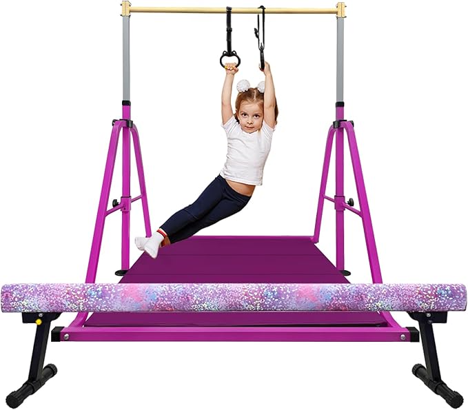 Foldable Gymnastics Bar and 8FT Balance Beam Set,Easy Assemble and Storage for Kids Children Girls Training,Home Gym Equipment,Ideal for Christmas&Birthday Gift Ages 3-15