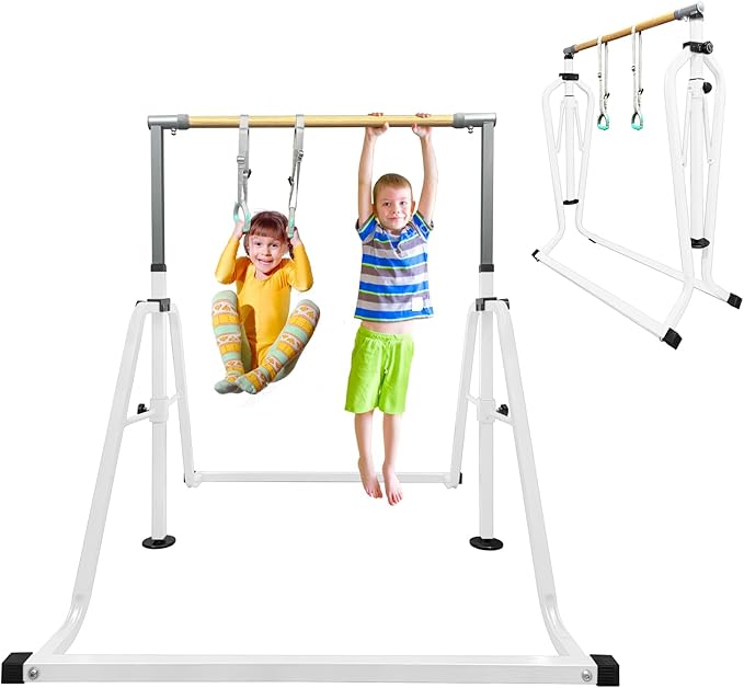 GLANT Gymnastics Bar for Kids with Rings Set, 7 Heights Adjustable Easy Folding Gymnastic Training Bar Kids Monkey Horizontal Bars - Max Load 300LBS