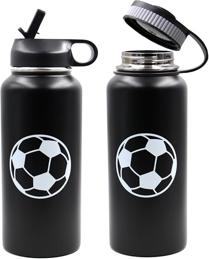 32 oz Soccer Water Bottle with Straw, Wide Mouth Sports Flask Metal Travel Tumbler with 2 Lids, Stainless Steel Double Wall Vacuum Insulated Leakproof Thermo Water Bottles, Soccer Gifts for Boys Girls