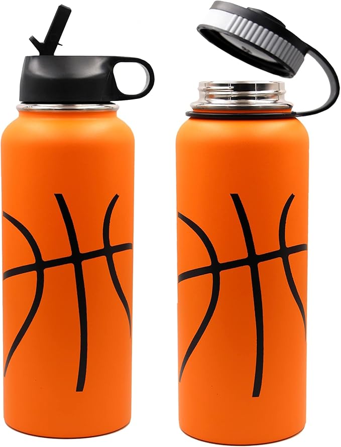 40 oz Basketball Water Bottle, Wide Mouth Sports Flask Metal Travel Tumbler with 2 Lids, Stainless Steel Double Wall Vacuum Insulated Thermo Water Jug, Basketball Accessories Gifts for Boys Girls