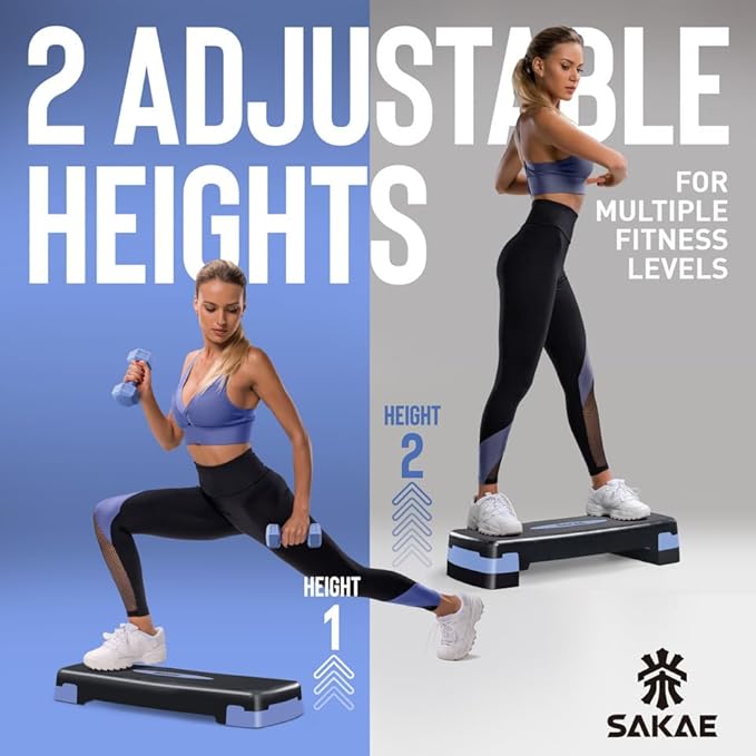 SAKAE Step Aerobics Platform Set with Dumbbells & Measuring Tape, Aerobic Steppers for Exercise at Home, Adjustable Height 2 Level Risers Workout Step Trainer with Non-Slip Surface, Multiple Colors