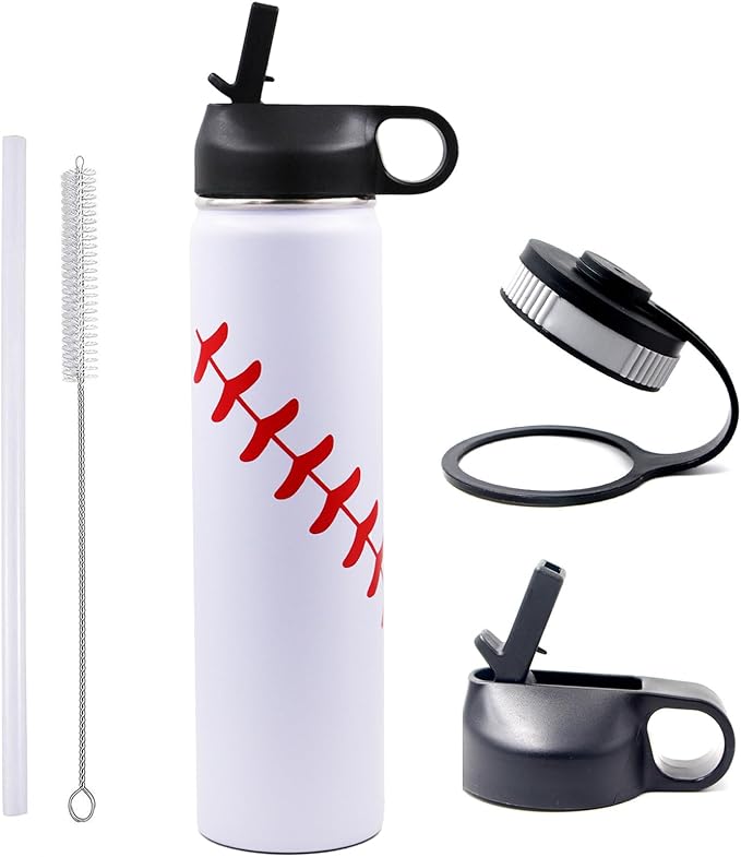 25 oz Baseball Water Bottle, Sports Flask Metal Travel Tumbler with 2 Lids, Stainless Steel Double Wall Vacuum Insulated Leak Proof Thermo Water Bottles, Baseball Accessories Gifts for Mom Boys Girls