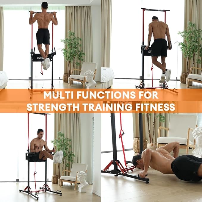 ONETWOFIT Foldable Power Tower Pull Up Bar Station, Multi-Function Adjustable Height Dip Station for Home Gym Workout, Strength Training Fitness Equipment, Pull Up Stand 400LBS