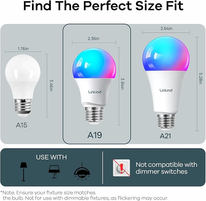 Linkind Matter Smart Light Bulb, WiFi Smart Bulbs, Work with Apple Home, Siri, Alexa, Google, SmartThings, RGBTW Color Changing Bulbs Mood Lighting, Music Sync, A19 E26 60W, 2.4Ghz WiFi 6 Pack