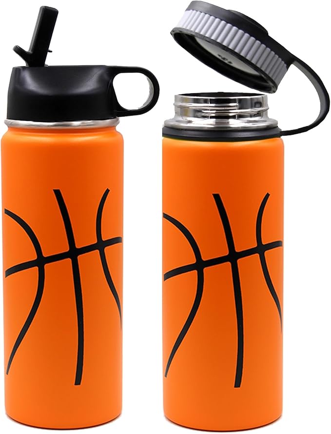 18 oz Basketball Water Bottle, Sports Flask Metal Travel Tumbler with 2 Lids, Stainless Steel Double Wall Vacuum Insulated Thermo Water Bottles, Basketball Accessories Stuff Gifts for Mom Boys Girls