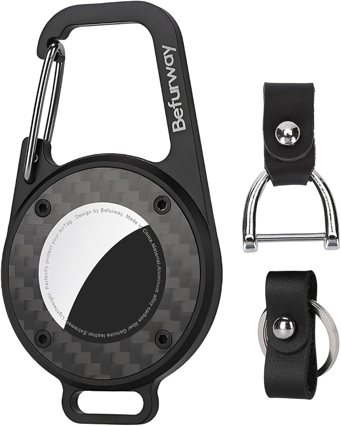 AirTag Holder Keychain - Premium Leather & Carbon Fiber Case with Secure Locking Carabiner | Compatible with Apple AirTag for Keys, Luggage, Backpacks, Bags (Black)