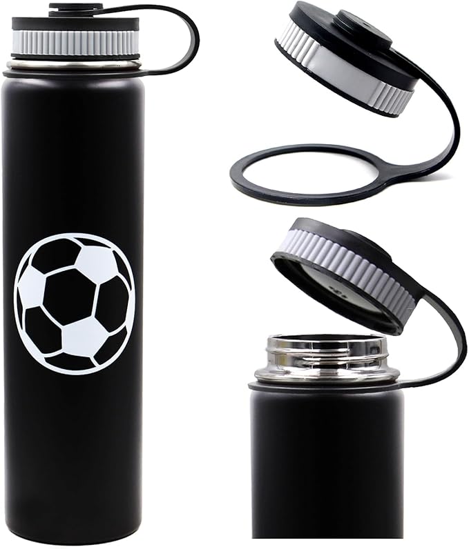 25 oz Soccer Water Bottle with Straw, Sports Flask Metal Travel Tumbler with 2 Lids, BPA Free Stainless Steel Double Wall Vacuum Insulated Leak Proof Thermo Water Bottles, Soccer Gifts for Boys Girls
