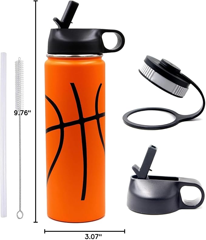 22 oz Basketball Water Bottle, Sports Flask Metal Travel Tumbler with 2 Lids, Stainless Steel Double Wall Vacuum Insulated Thermo Water bottles, Basketball Accessories Stuff Gifts for Mom Boys Girls