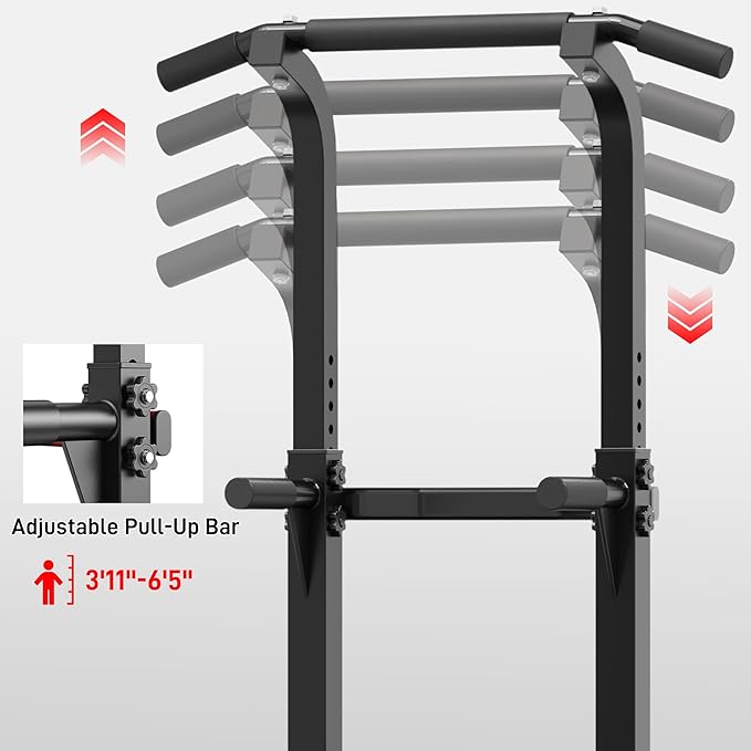 Outdoor Basic Power Tower, Pull Up Bar and Dip Station for Home Gym, 1600LBS Weight Capacity, Adjustable Height, Heavy Duty Steel Frame for Calisthenics, Strength Training Fitness Equipment