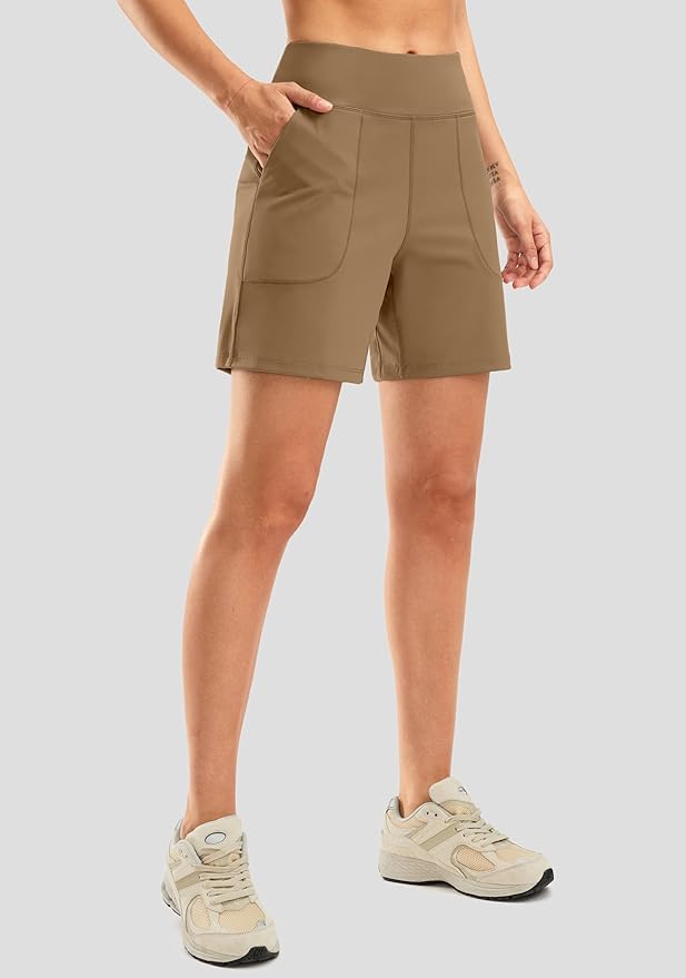 SANTINY Women's 6'' Athletic Long Shorts with 4 Pockets High Waisted Bermuda Shorts for Women Walking Running Casual