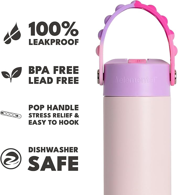 Elemental 100% Leak Proof When Spout is Closed Insulated Kids Water Bottle, Stainless Steel Bottle for School with Straw Lid & Pop-It Handle, Pink Tie Dye & Unicorn Rainbow -18oz (2 Pack)