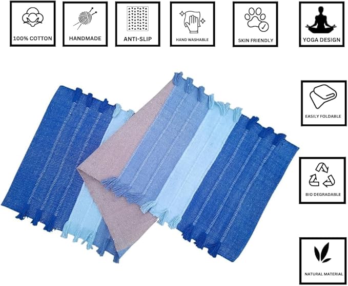 Indian Handmade100 % Organic Anti Skid Multi Colour Cotton Yoga Mat - Eco-Friendly Hand-Woven Rug - Non-Slip & Thick (24”x72”x5mm) for Hot yoga & Everyday Fitness at Home - Comfortable & Foldable Extra-Long Mat