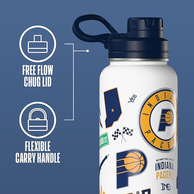 Hydrapeak x NBA Officially Licensed Indiana Pacers 32 oz Active Water Bottle with Chug Lid Reusable Stainless Steel Double Wall Insulated Sports Gift, Celebrating The City Of Indiana
