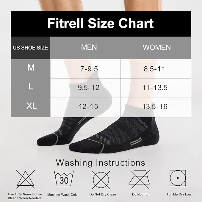 FITRELL 6 Pack Men's Ankle Running Socks Low Cut Cushioned Athletic Sports Socks 7-9/9-12/12-15