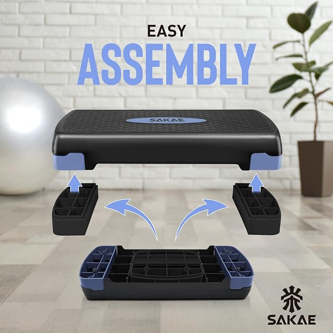 SAKAE Step Aerobics Platform Set with Kettlebell & Measuring Tape, Aerobic Steppers for Exercise at Home, Adjustable Height 2 Level Risers Workout Step Trainer with Non-Slip Surface, Multiple Colors