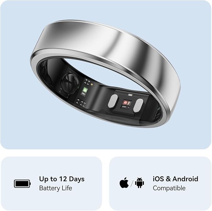 RingConn Gen 2, World’s First Smart Ring with Sleep Apnea Monitoring, No APP Subscription, 12-Day Battery Life, Stress/Heart Rate/Women's Health Tracker, Android & iOS Compatible (Silver, Size 12)