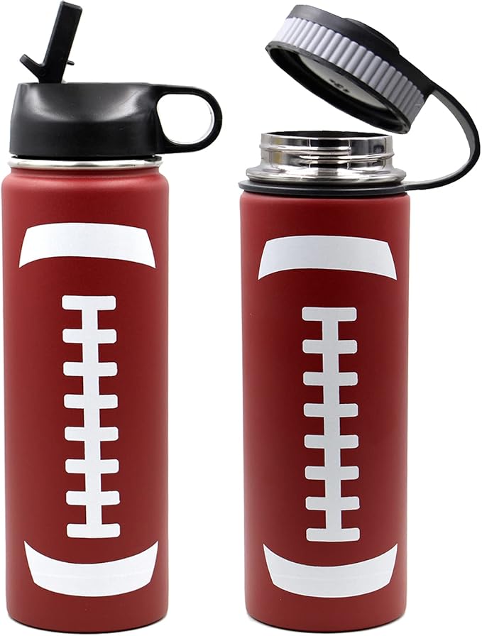 22 oz Football Water Bottle with Straw, Sports Flask Metal Travel Tumbler with 2 Lids, Stainless Steel Double Wall Vacuum Insulated Leak Proof Thermo Water Bottles, Football Gear Gifts for Boys Girls