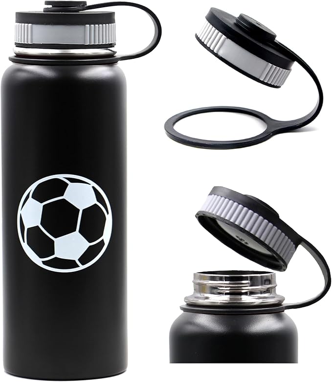 40 oz Soccer Water Bottle with Straw, Wide Mouth Sports Flask Metal Travel Tumbler with 2 Lids, Stainless Steel Double Wall Vacuum Insulated Leak Proof Thermo Water Jug, Soccer Gifts for Boys Girls