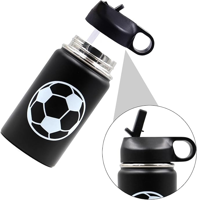 12 oz Soccer Water Bottle with Straw, Sports Flask Metal Travel Tumbler with 2 Lids, BPA Free Stainless Steel Double Wall Vacuum Insulated Leak Proof Thermo Water Bottles, Soccer Gifts for Boys Girls